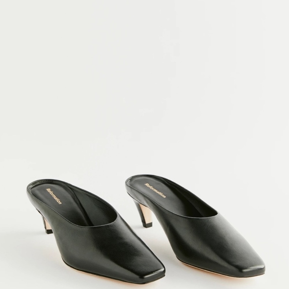 Reformation black kitten heel mule